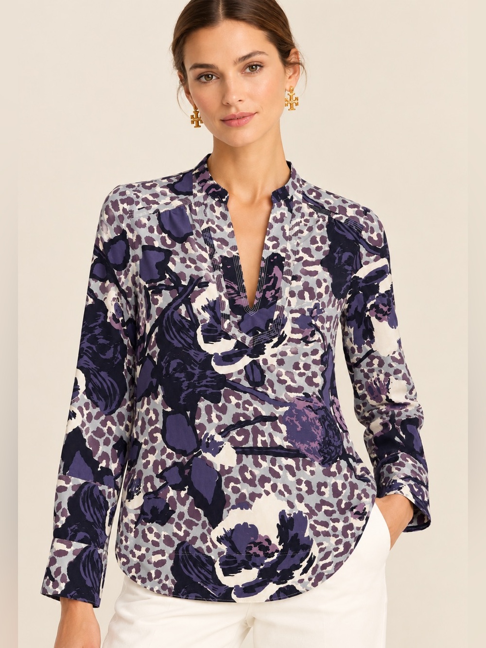 Tory Burch 100% Silk Floral Leopard Print Tunic Blouse Purple Size 6